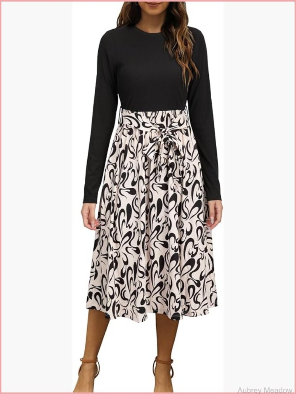 Long Sleeve Midi Dress with Belt - Nursing Maternity Dress Floral Pattern